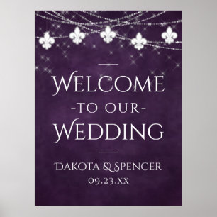 Póster Royal Purple Fleur de Lis Light Bienvenida Boda