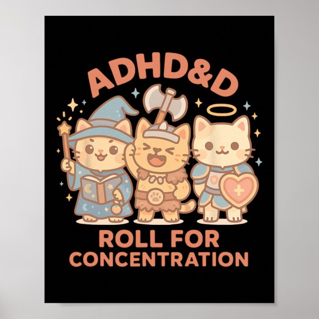 Póster Rpg Gamer Adhdandd Roll For Concentration Geek Cat (Frente)
