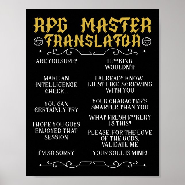 Póster Rpg Master Translator D20 Tabletop Games Funny Rpg (Frente)