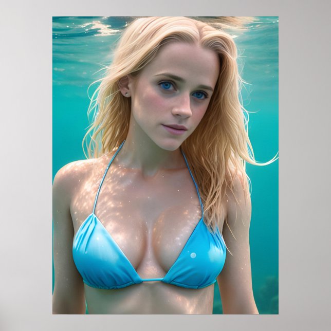 Póster Rubia en una fotografía submarina en bikini (Frente)