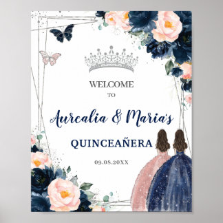 Póster Rubor azul de la Marina Gemelos florales Plata Qui