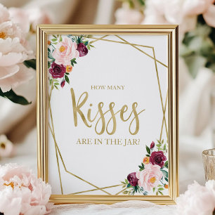 Póster Rubor Floral Borgoña Cuántos Besos Letrero
