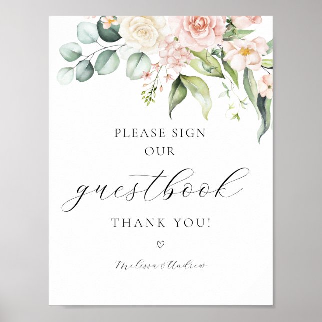 Póster Rubor Floral Greenery Rótulo nuestro Rótulo Guestb (Frente)