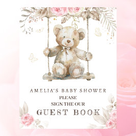 Póster Rubor Floral Teddy Bear Baby Shower Guest Book