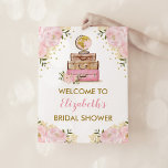 Póster Rubor Gold Floral Travel Adventure Bridal Shower<br><div class="desc">Cartel de bienvenida con temática de viajes para ducha de novia,  ducha de bebé,  boda,  etc. con elegantes flores color de agua rosa rubor,  maletas vintage y un globo de bonito</div>