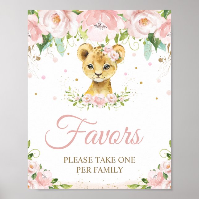 Póster Rubor Lion Pink Floral Baby Shower Favor de cumple (Frente)