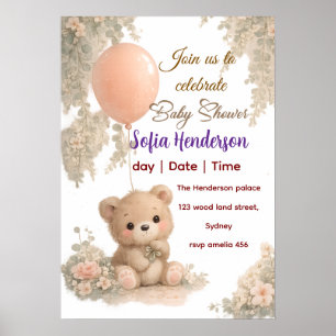 Póster rubor marrónacuarela rosa marrón osito de peluche