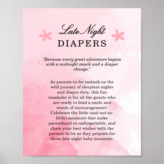 Póster Rubor Pink Blooming Baby Shower Late Night Diapers (Frente)