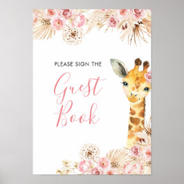 Póster Rubor Pink Boho Giraffe Baby Shower Guest Book