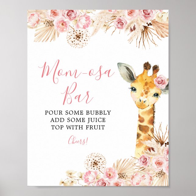 Póster Rubor Pink Boho Giraffe Baby Shower Mom-osa Bar (Frente)