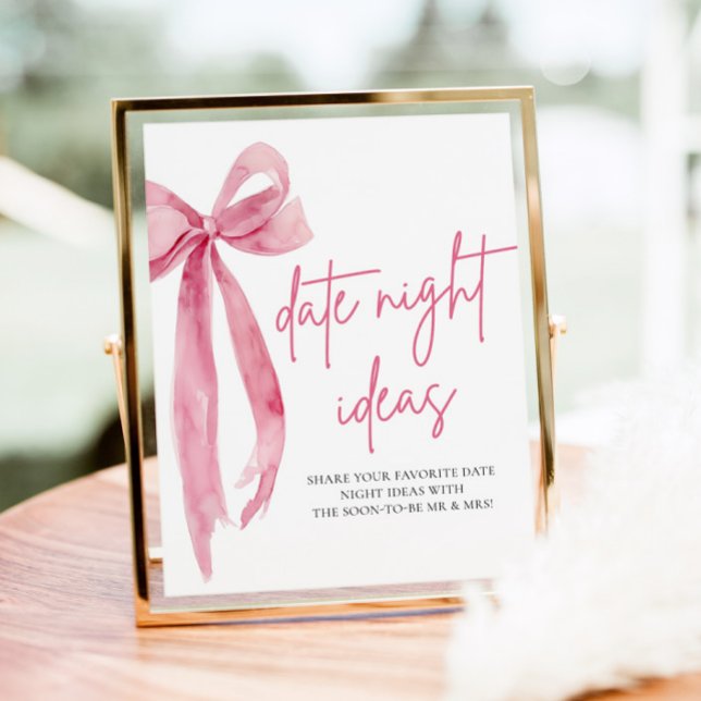 Póster Rubor Pink Bow Bridal Date Noche Ideas Rótulo (Blush Pink Bow Bridal Date Night Ideas Sign)