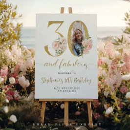 Póster Rubor Pink Floral Photo 30th Birthday Welcome Sign