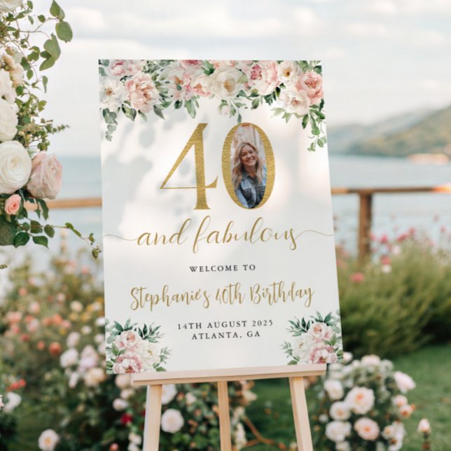 Póster Rubor Pink Floral Photo 40th Birthday Welcome Sign (Subido por el creador)