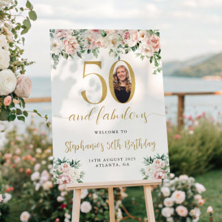 Póster Rubor Pink Floral Photo 50th Birthday Welcome Sign