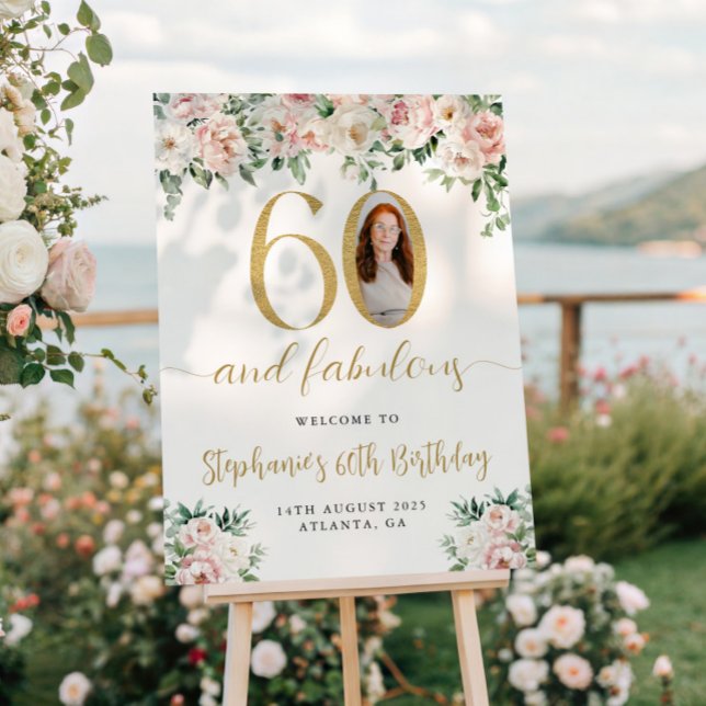 Póster Rubor Pink Floral Photo 60th Birthday Welcome Sign (Subido por el creador)