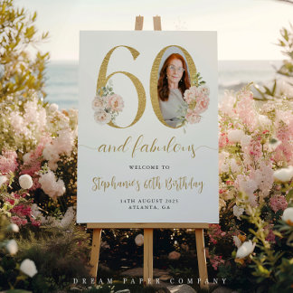 Póster Rubor Pink Floral Photo 60th Birthday Welcome Sign