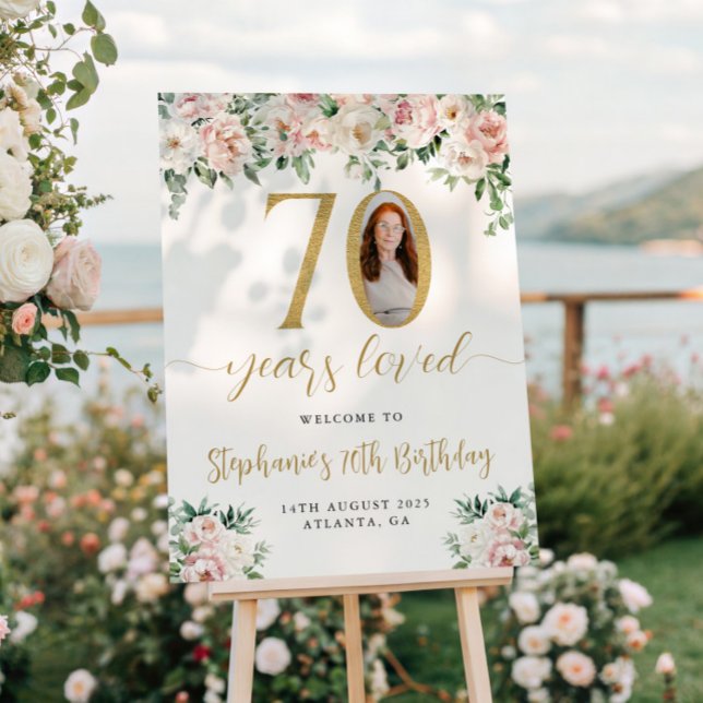 Póster Rubor Pink Floral Photo 70th Birthday Welcome Sign (Subido por el creador)