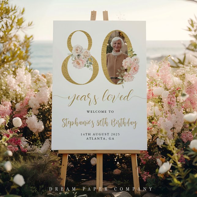 Póster Rubor Pink Floral Photo 80th Birthday Welcome Sign (Subido por el creador)
