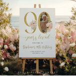 Póster Rubor Pink Floral Photo 90th Birthday Welcome Sign<br><div class="desc">Elegante signo de bienvenida por cumpleaños número 90 con foto | Floral & Gold Accents Bienvenidos a su celebración de un hito con este impresionante cartel de bienvenida de 90 años, con delicadas flores de acuarela y elegantes acentos dorados. Diseñado para resaltar tu foto personalizada, este cartel le da un...</div>