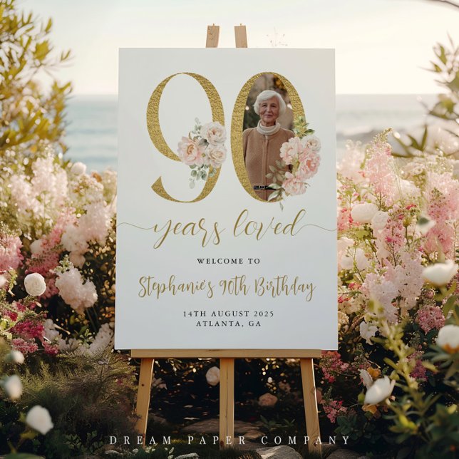 Póster Rubor Pink Floral Photo 90th Birthday Welcome Sign (Subido por el creador)