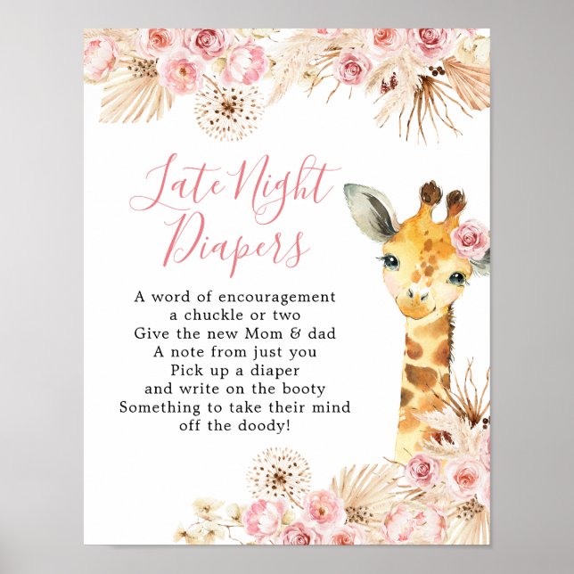 Póster Rubor Pink Giraffe Baby Shower Late Night Diaper (Frente)