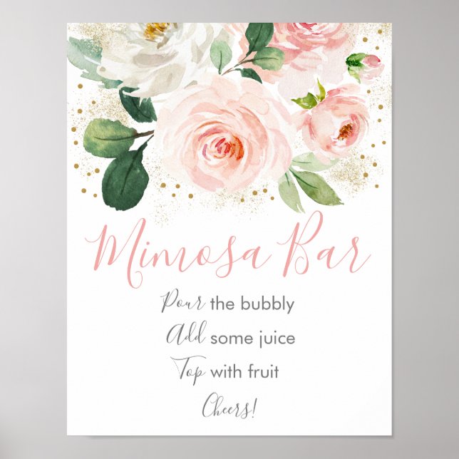 Póster Rubor Pink Gold Floral Bridal Shower Mimosa Bar (Frente)