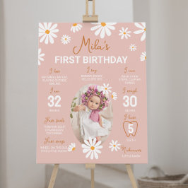Póster Rubor Pink Retro Daisy Primer Rótulo de cumpleaños
