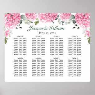 Póster Rubor rosa Hydrangea Floral 8 Mesas de asiento GRÁ