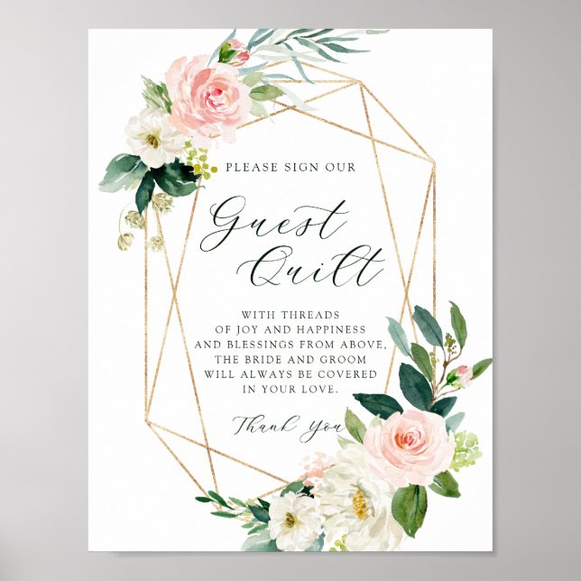 Póster Rubor White Bloom Gold Geometric frame Guest Quilt (Frente)