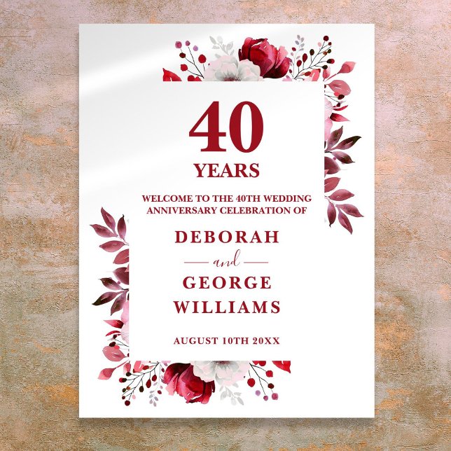 Póster Ruby 40.º elegante cartel de bienvenida de anivers (Ruby 40th Elegant Wedding Anniversary Welcome Sign)