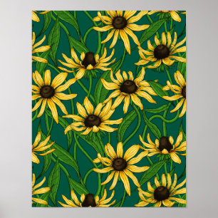 Póster Rudbekia amarilla en verde oscuro
