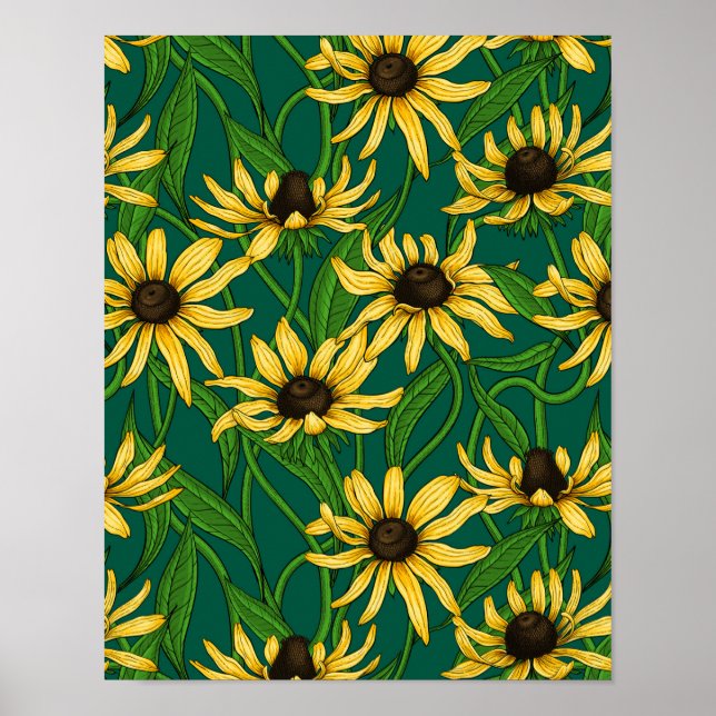 Póster Rudbekia amarilla en verde oscuro (Frente)