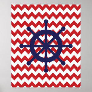 Póster Rueda Náutica Navy y Red Chevron