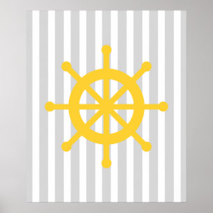 Póster Rueda náutica rayada amarilla y gris de la nave