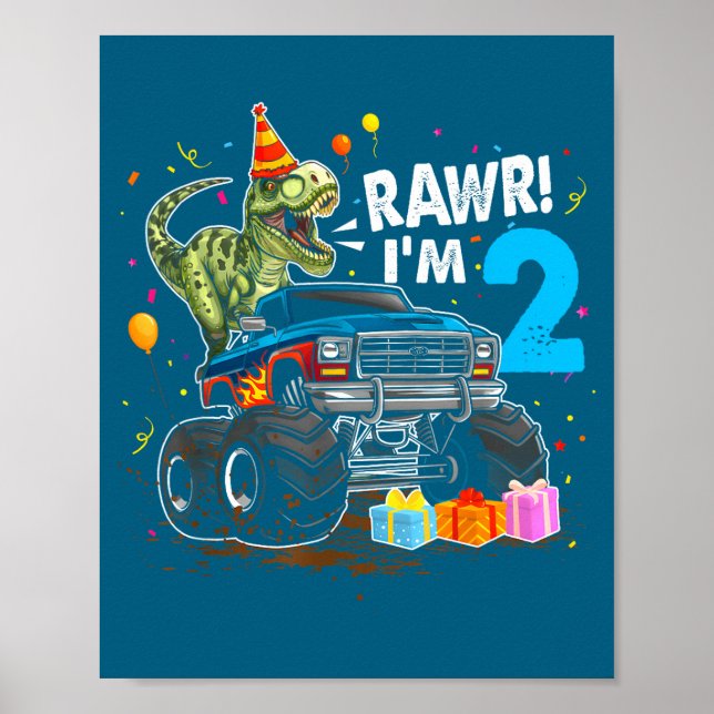 Póster Rugido Cumplo 2 Fiesta Divertida Cumpleaños T Rex  (Frente)