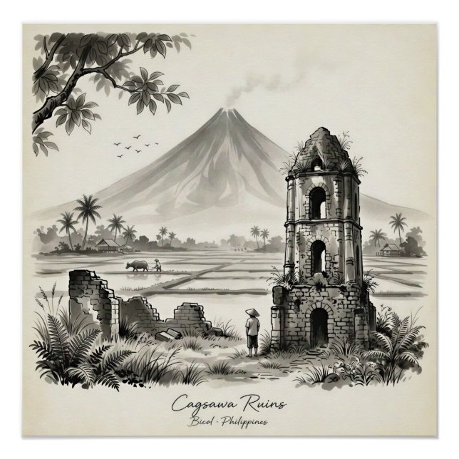 Póster Ruinas de Cagsawa & Volcán Mayon Filipinas (Anverso)