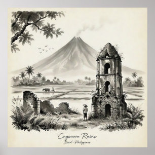 Póster Ruinas de Cagsawa y volcán Mayon Filipinas