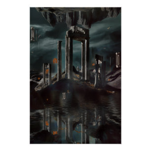 Póster Ruinas flotantes surrealistas Piscina de obsidiana