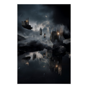 Póster Ruinas Góticas Flotantes Espejo Cósmico Nocturno