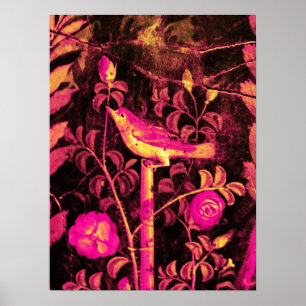 Póster RUISEÑOR CON ROSAS, Rosa Fucsia Negro Amarillo