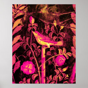 Póster RUISEÑOR CON ROSAS, Rosa Fucsia Negro Amarillo