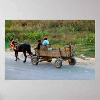Póster Rumanía, caballo y carreta