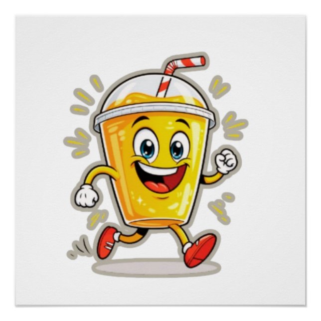 Póster **Running Juice Cup Cartoon – Fun Street Drink Cha (Anverso)