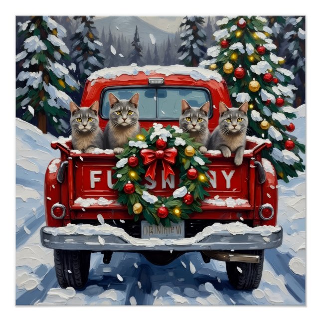 Póster Russian Blue Cat Christmas Red Truck Holiday (Anverso)