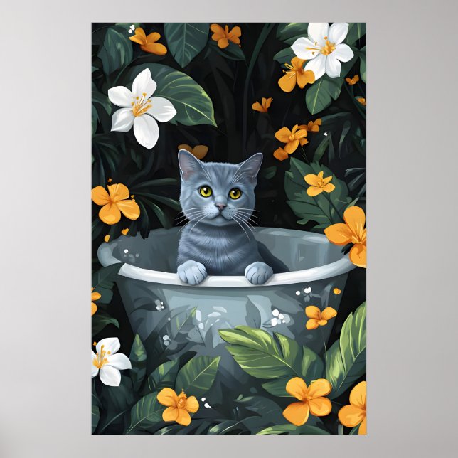 Póster Russian Blue In Bathtub Poster, Funny Cat Poster (Frente)
