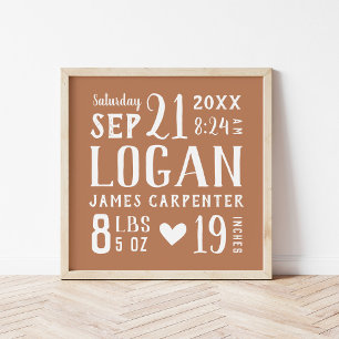 Póster Rust Baby Name Birth Stats   Colores editables