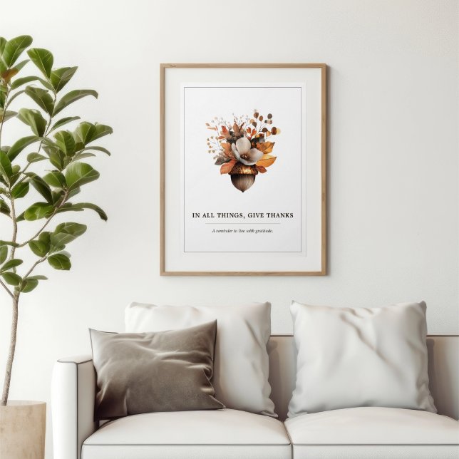 Póster Rustic Acorn Floral White Fall Poster (Rustic Acorn Floral wall art — a timeless reminder to live with gratitude every day.)