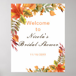 Póster Rustic Autumn Fall Leaves Bridal Shower Welcome