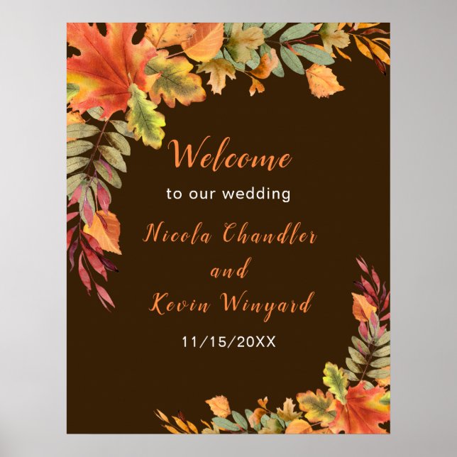 Póster Rustic Autumn Fall Leaves Wedding Welcome (Frente)