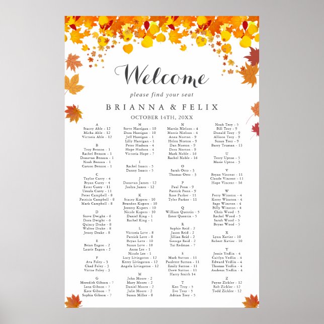 Póster Rustic Autumn Leaves Wedding Seating Chart (Frente)